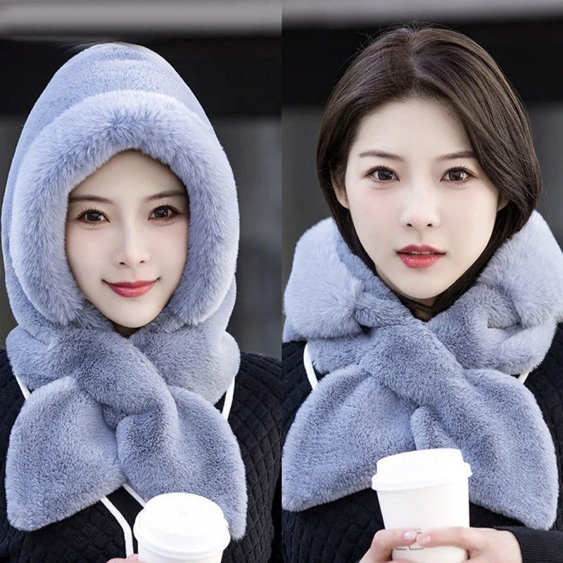 Women Winter Hood Beanies Thick Plush Scarf Hat Set Outdoor Ski Windproof Warm Headgear Solid Fluffy Fur Female Earmuffs Cap