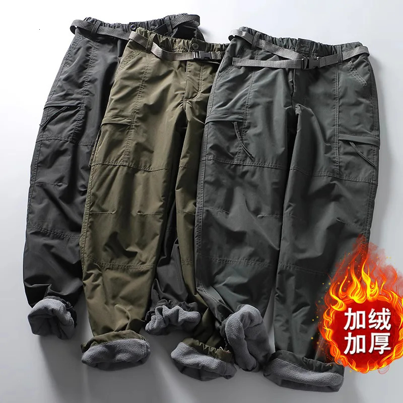 Mens Autumn Winter Fleece Work Cargo Pants Outdoor Hiking Sports Waterproof Warm Soft Shell Pockets Straight Cotton Trousers 241112