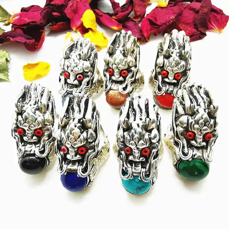 Tibet Amulet Rings for Man Copper inlaid Various Beads Big Dragon Head Ring R024240412