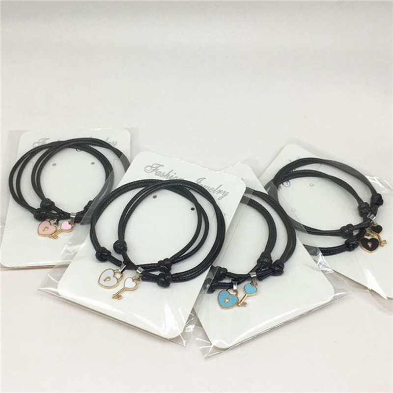 pcs set Couple Trendy Bracelet For Friend Lock Key Design Black Color Rope Jewelry 5