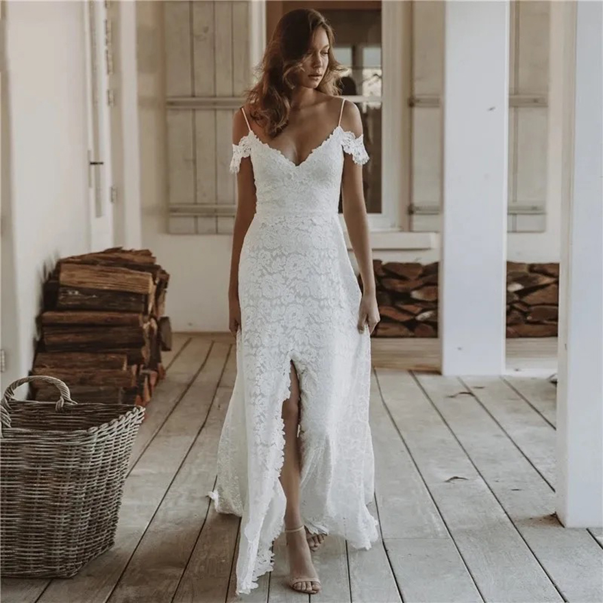 Boho Wedding Dress for Women 2024 Bride Slit Off the Shoulder Backless Lace Summer Beach Bridal Gowns Vestidos De Noiva Robes de Mariee