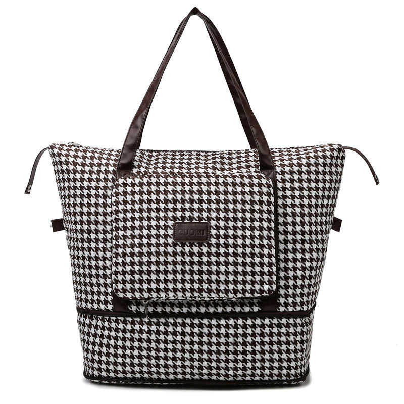 Trendy Fashion Portable Travel Bag Grid Pattern Expandable Fitness Bag Large Capacity Set Luggage Bag