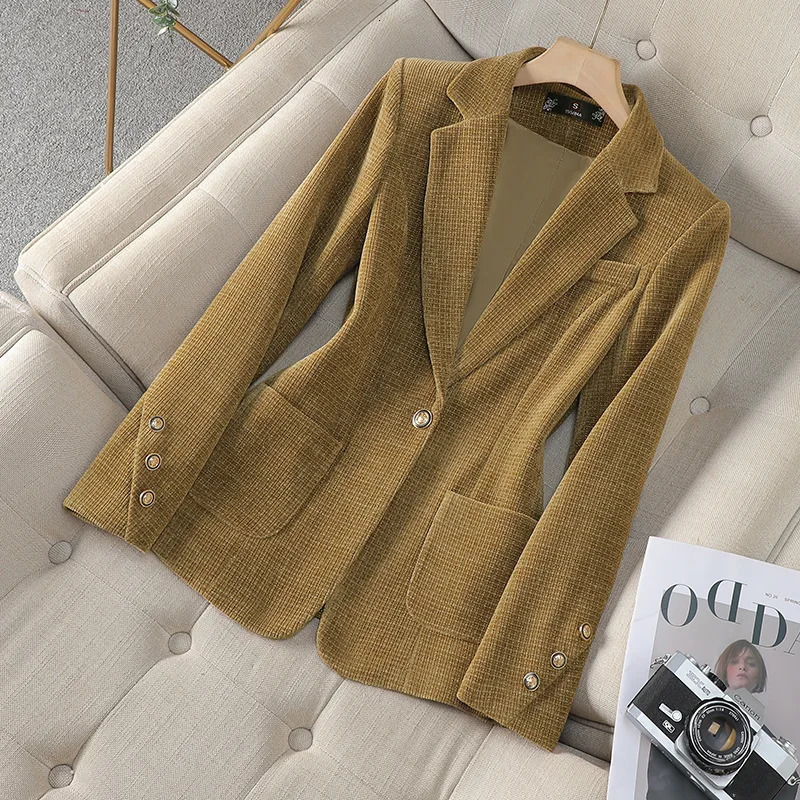 Spring Autumn Suit Coat Women Fashion Slim Gold velvet Longsleeved Jacket Female Commuting Business Casual Blazer coat 241112