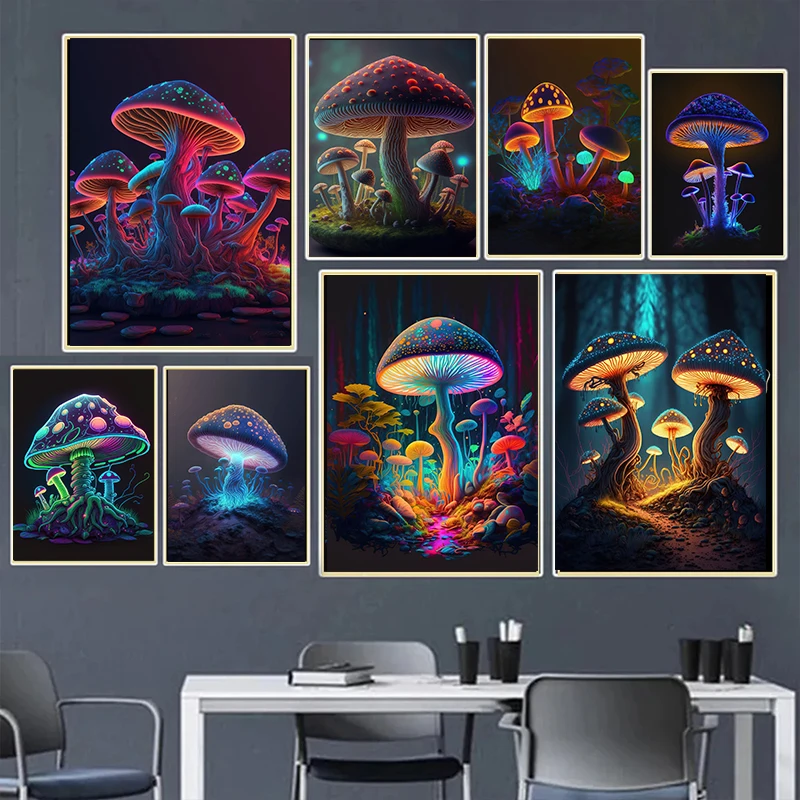 Poster Fantasy Mushrooms Psychedelic Shiny Mushroom Canvas Printing Painting Wall Art Picture Home Living ddmysmile Room Decor Cuadros Smile