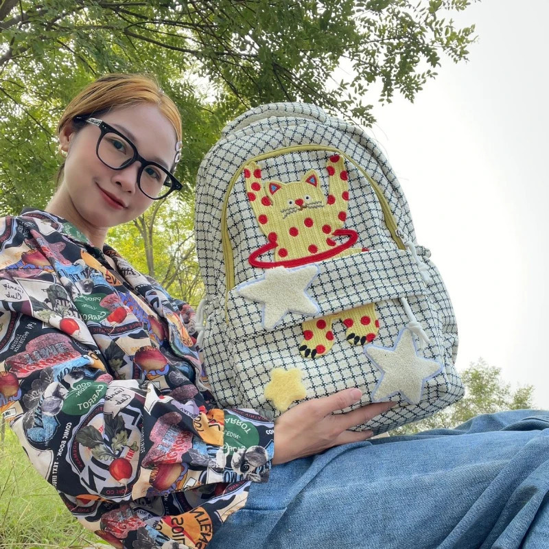 Cartoon Cat Kawaii Cute Star Tablet Backpack Female Y2k Aesthetic Harajuku School Backpack Retro High Capacity Student Backpack 241111