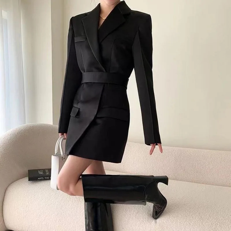 Autumn High end Waist Slim Blazer Jacket Women Casual British Mid Length Black Suit Coat Woman Elegant Chic Office Blazers 241112