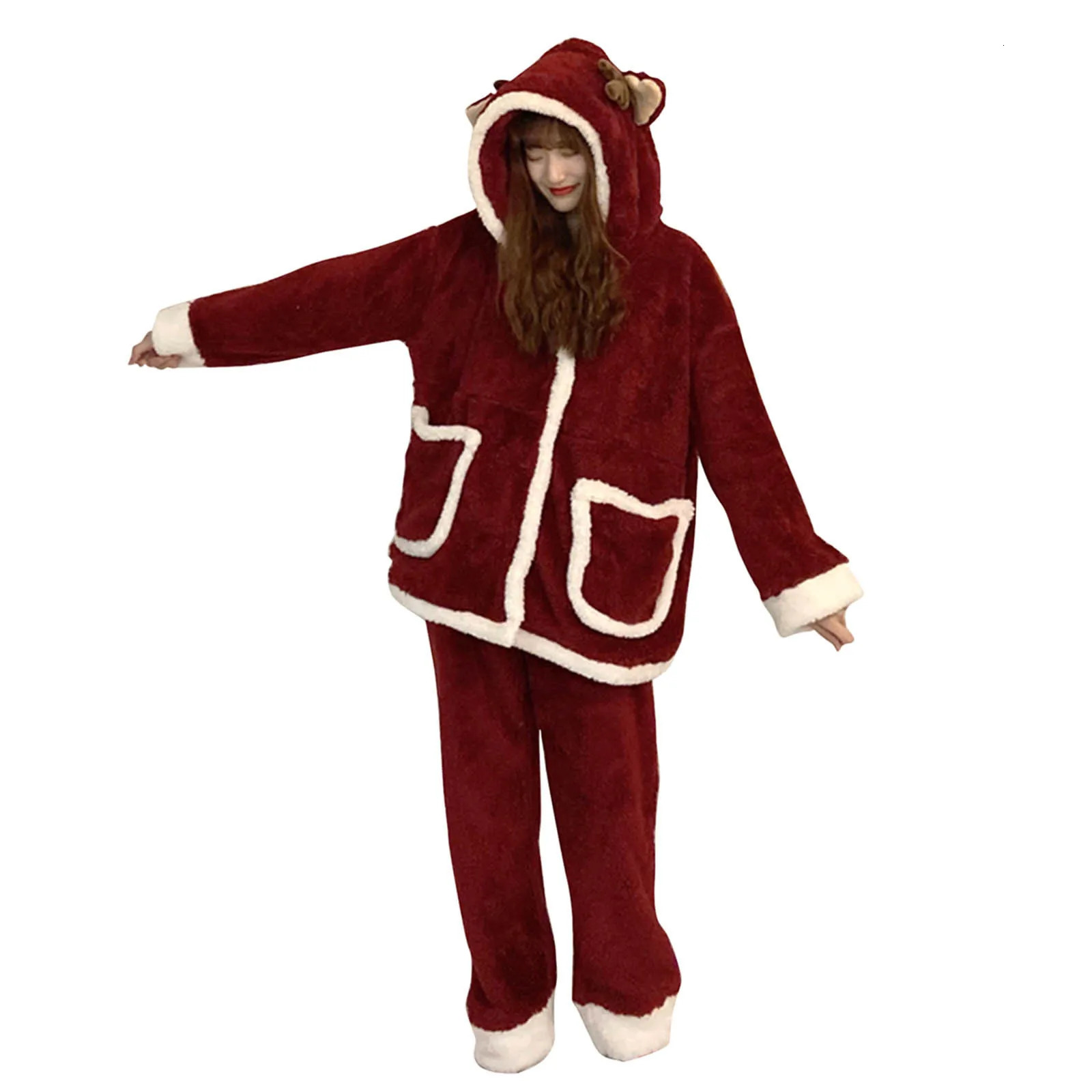 Christmas Pajamas Adults Solid Cute TopPants 2pcs Xmas Sleepwear Kawaii Fluffy Warm Kimono Bathrobe Suit Cosplay Clothes 241112
