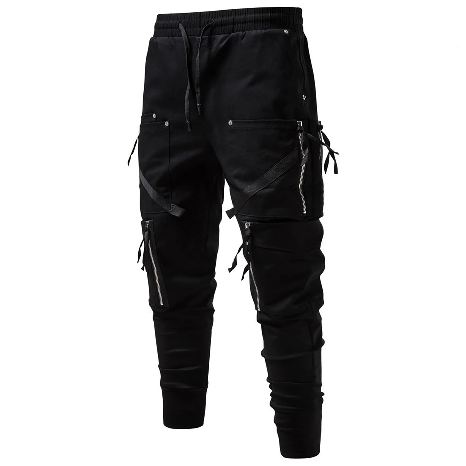 Men Y2K Cargo Pants Zipper Pocket Tactical Techwear Ninja Jogger Black Fashion Streetwear Punk Sweatpants Trousers 241112