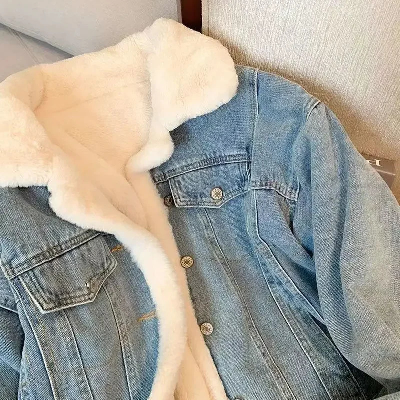Winter Thicken Denim Jacket Women Two Sides Wearing Lamb Wool Outwear Female Loose Casual Warm Coat Lady POLO Collar Long Sleeve 241111