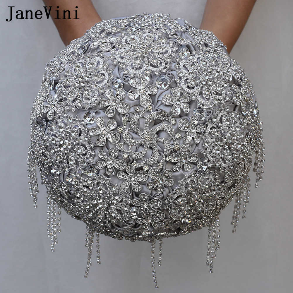 JaneVini Bling Bling Silver Jewelry Brides Wedding Bouquet Satin Flower Beaded Crystal Bruidsboeket Wedding Bridal Hand Bouquets