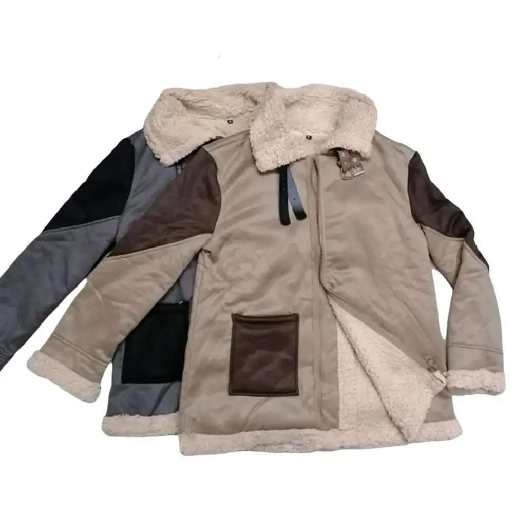 mens Faux Leather Trendy Coat Winter Warm Wool Fur Shearling Jacket Thickened Lapel Casual Fashion Clothes 241108