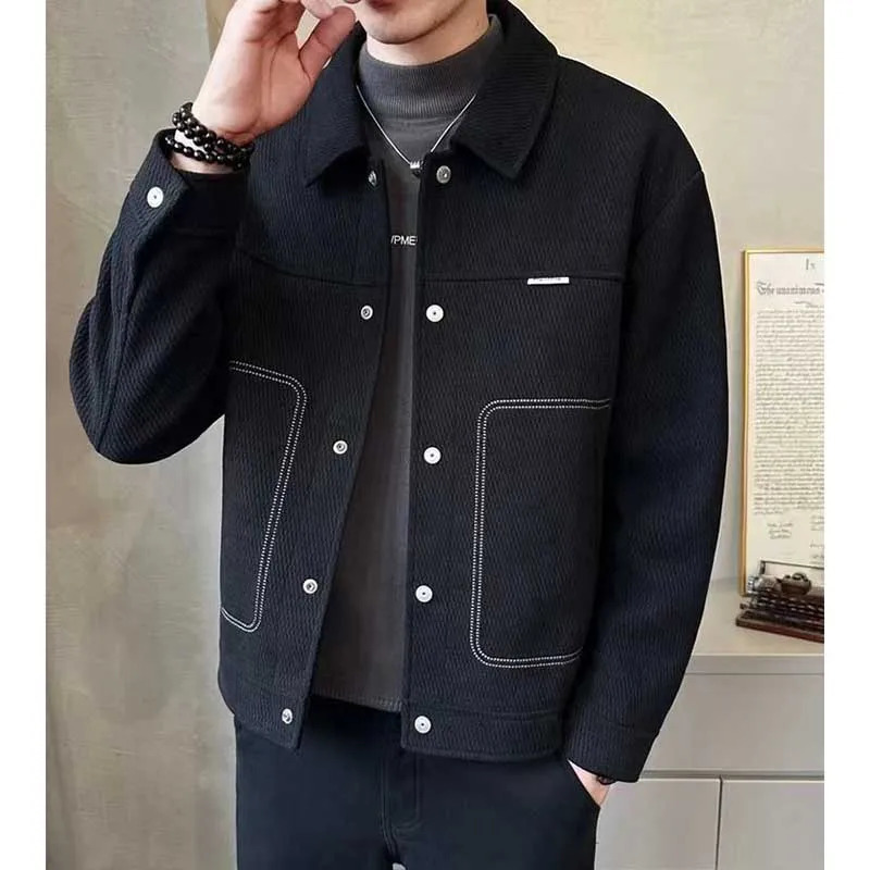 Fashion Lapel Button Spliced All-match Solid Color Jackets Mens Clothing Autumn Winter Loose Casual Tops Korean Coats 241112