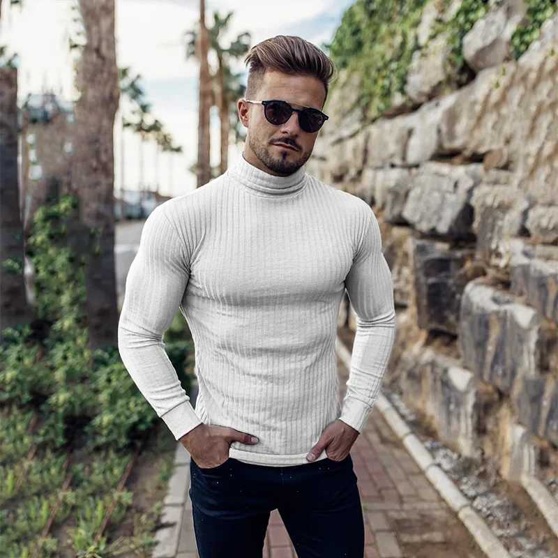 New autumn turtle neck thin sweater mens casual rolled neck solid stripe warm slim fit sweater mens turtle neck pull-out men W2411111
