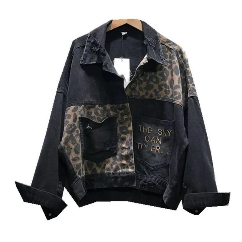 Embracery Leopard Jeans Jacket Womens Short Jacket Distressed Brushed Streetwear Loose Spring and Autumn Jacket Womens Jacket 241112