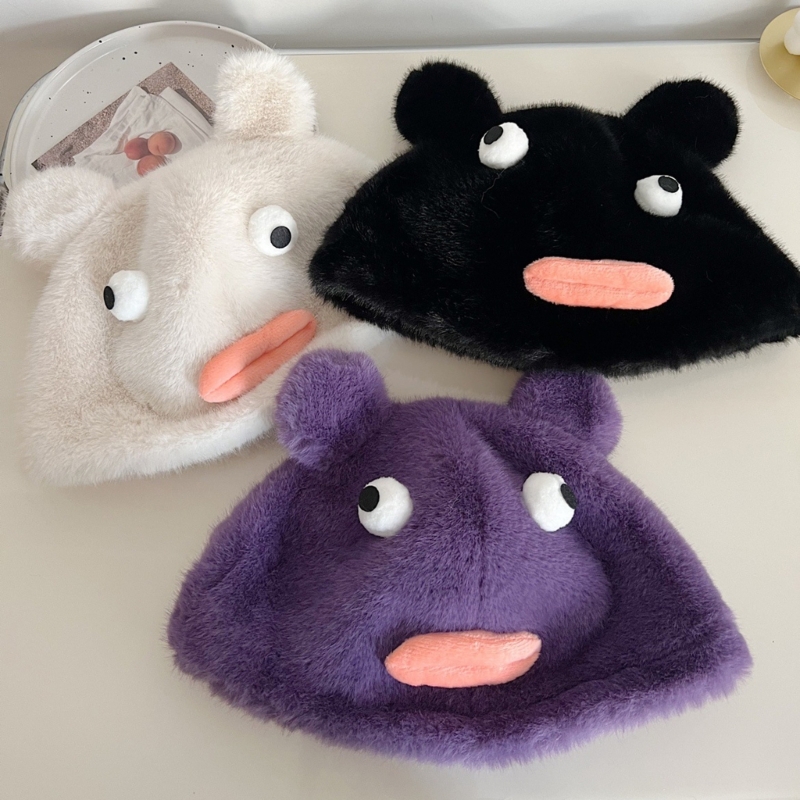Girls Funny Plush Bear Beanie 3D Mouth Cap Women Outdoor Sports Hiking Hat M6CD