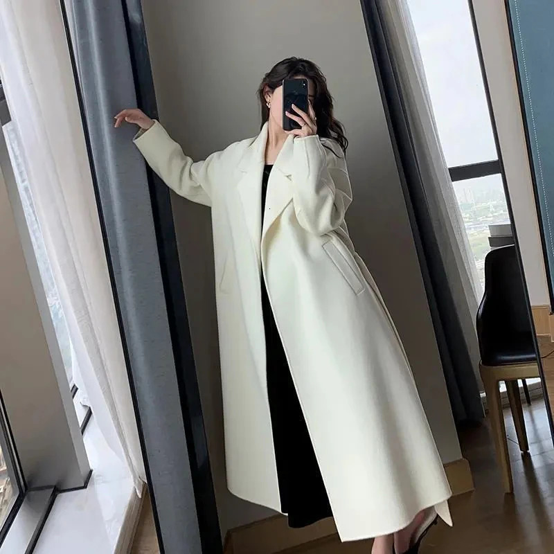 Elegant Midi Wool Blends Coat Women Korean Thicken Long Bandage Jackets Oversized Lace Up Outwear White Cardigan Woolen Overcoat 241112