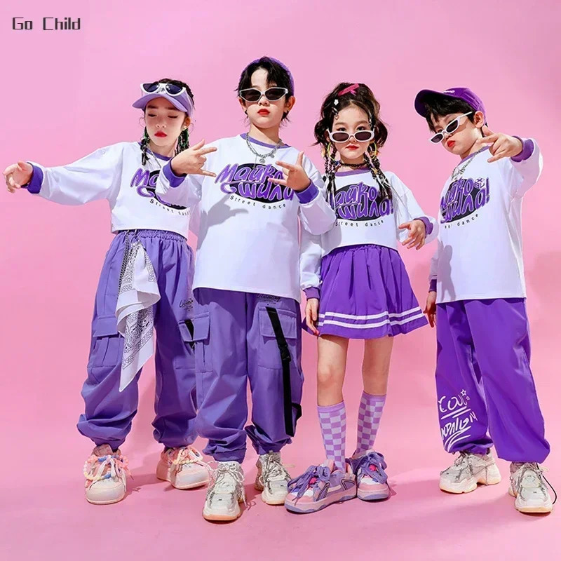 Hip Hop Girls Crop Top Skirts Purple Clothes Sets Boys Jazz Vest Sweatshirts Street Dance Cargo Pants Children Kids Streetwear 241112