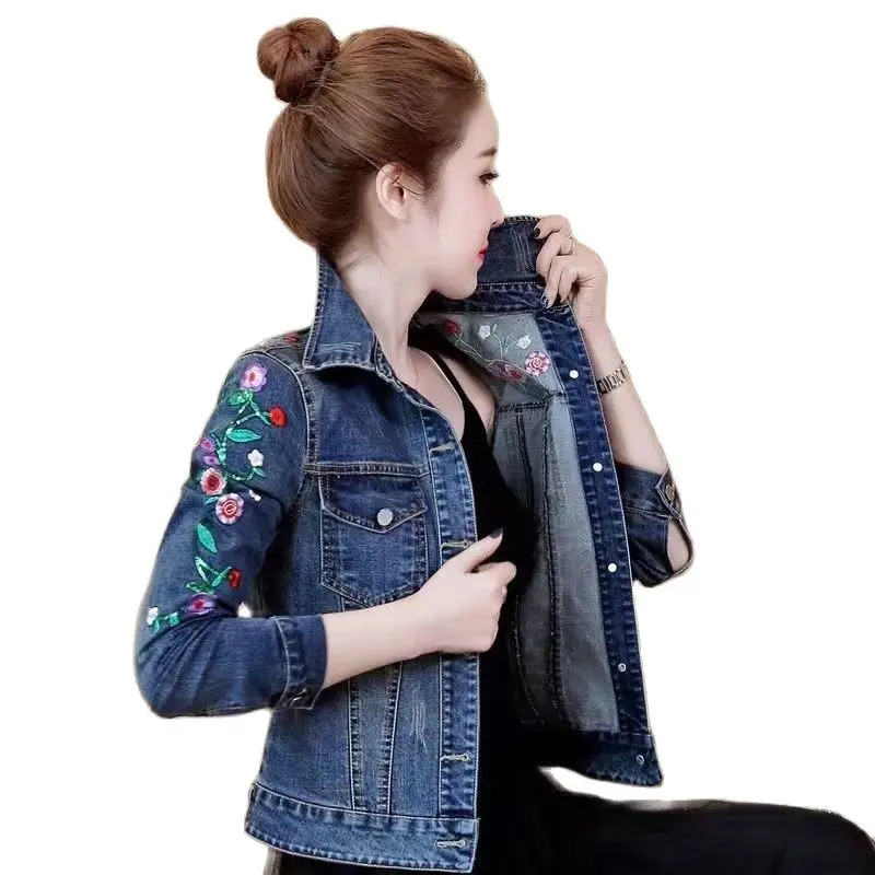 Womens floral embroidery short denim jacket Womens elegant single chest ultra-thin denim jacket Spring and Autumn jacket Basic jacket 241112