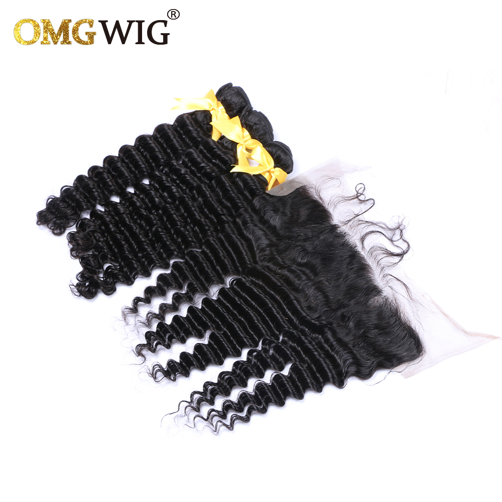 Deep Wave Natural Color Hair Bundles With 13x4 Base Closures Brazilian Human Hair Free Part Bleached Knots Transparent Lace dc3d3