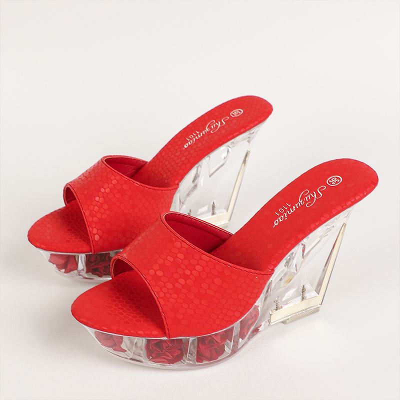 Wedges Women's Sandals Rose Waterproof Platform Clear Heel Ladies Peep Toe Slides 10.5CM High Heels Summer Women's Slippers