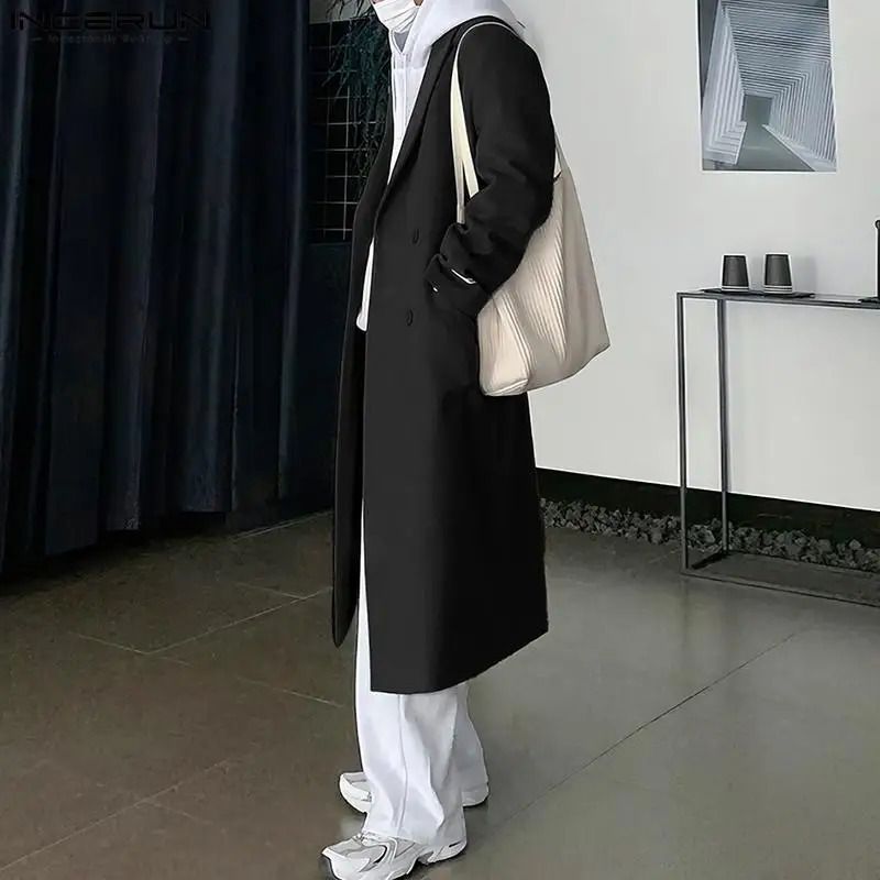 INCERUN Mens Coats Solid Collar Long Sleeve Double Chest Casual Mens Coat Street Clothing Fashion Long Coats S-5XL 241112