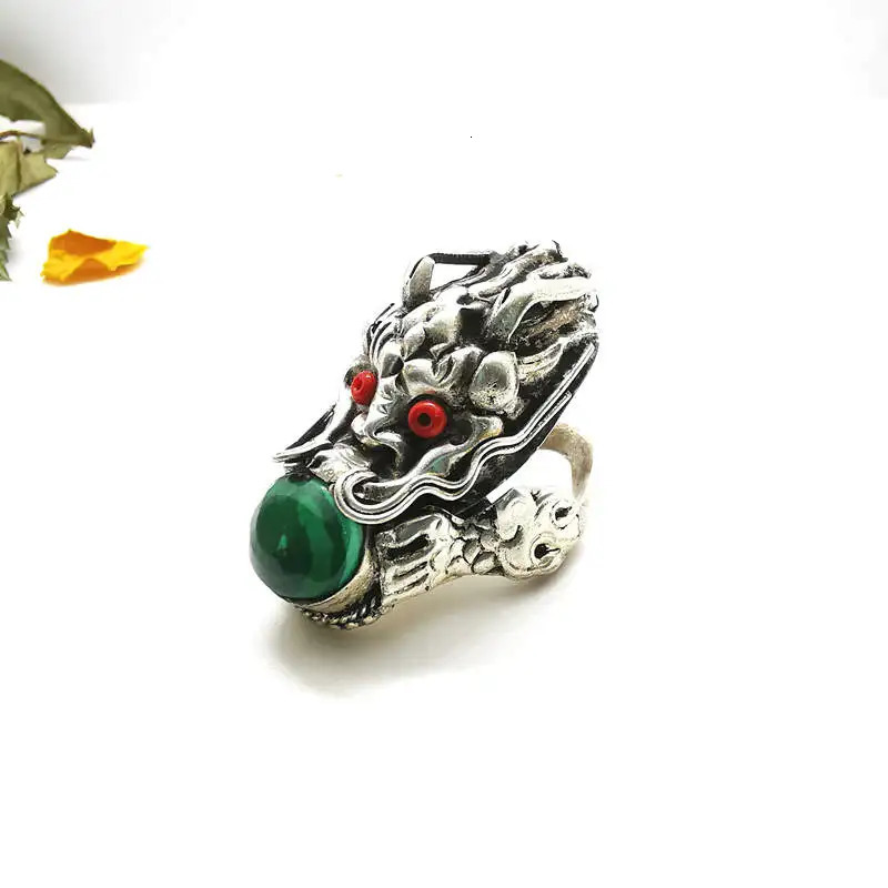 Tibet Amulet Rings for Man Copper inlaid Various Beads Big Dragon Head Ring R024240412