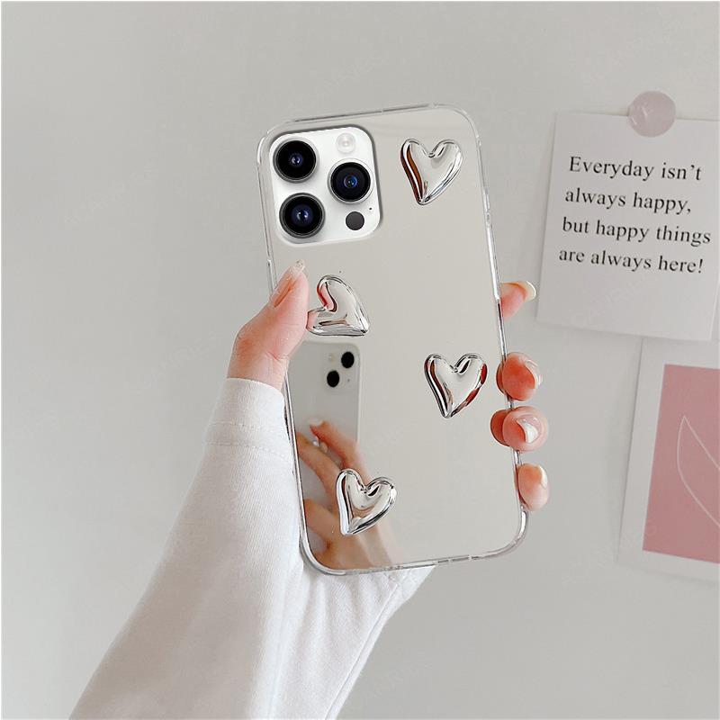 For Iphone 15 Pro Max 14 Plus 11 12 13 Mini XS XR X 8 7 SE Glossy 3D Love Heart Mirror Phone Case Iphone15 Cover 15Pro Iphone11