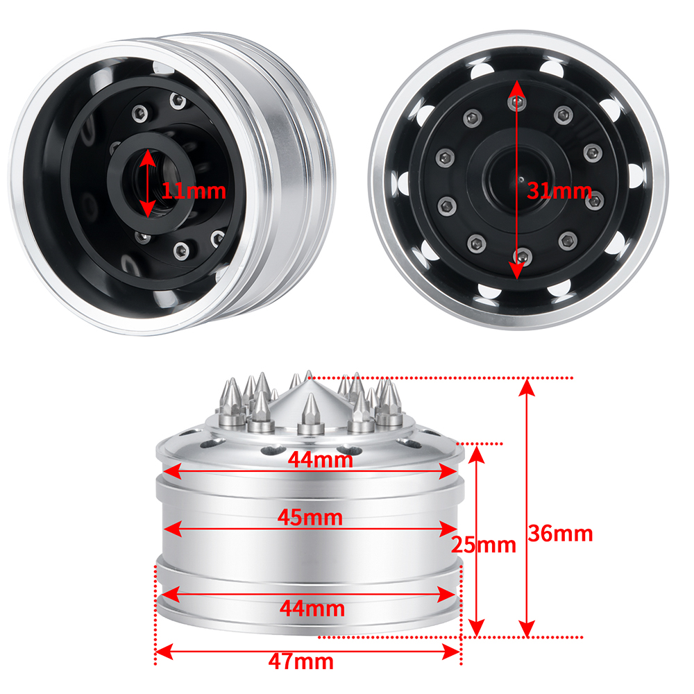 TRINOOD Aluminum Front Wheel Hub Rims for 1/14 Tamiya Truck Tractor VOO MAN 770S R470 R620 FH12 Upgrade Parts