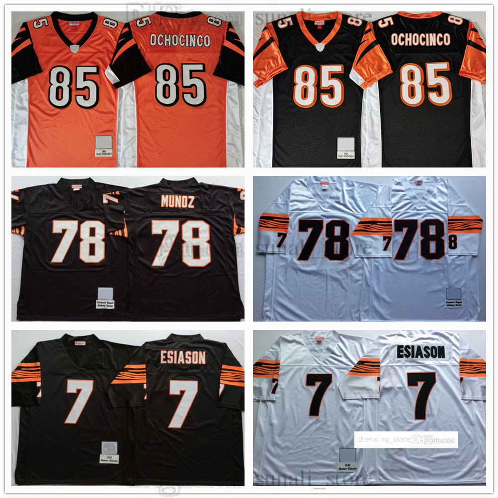 85 Chad Ochocinco Jersey Retro Football 78 Anthony Munoz 7 Boomer Esiason Stitched Shirts Vintage Black White Orange Stitched Men Women Youth