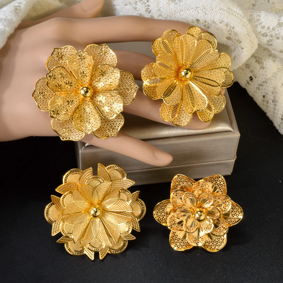 Dubai Nigerian Gold Plated Rings Big Flower Jewellery Indian Bride Wedding Ethiopian Luxury Finger Jewelry For Women Party Gift