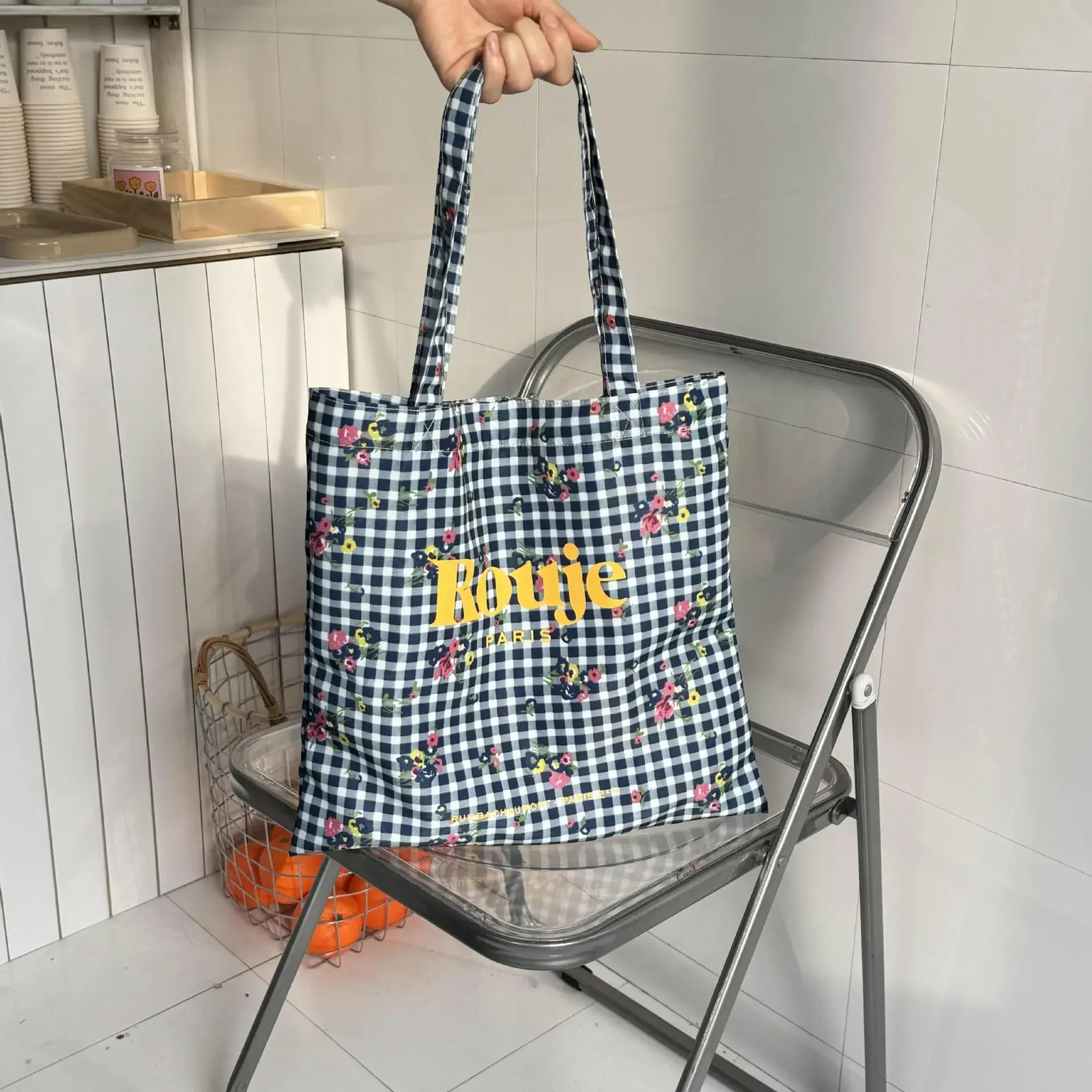 Ins Fashion Canvas Handbag Blue Grid Flower Printed Shoulder Bag Fashion Rouje Same Style Shoulder Bag 241111