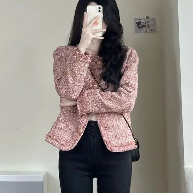 Pink Tweed Large Size Jacket Autumn /winter Small Fragrance Womens Coat Classic Tweed Large Size Cardigan Thick Jacket C33 241112
