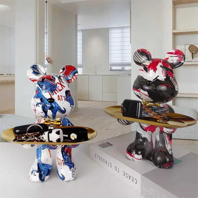 Decorative Objects Figurines Bear statue with tray storage animal handicraft resin sculpture keys sundries snacks storage tray table top decorations. 