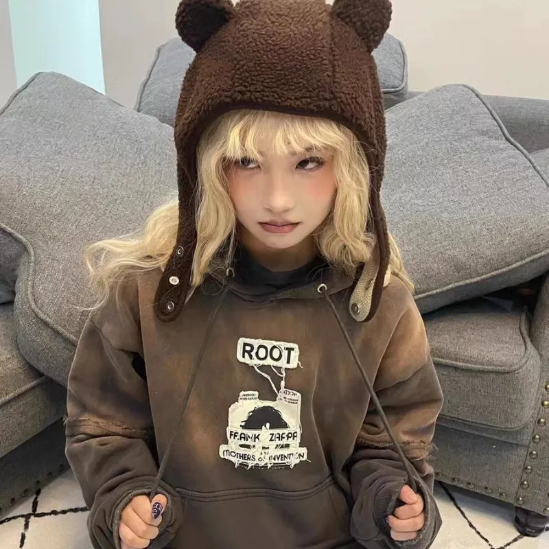 New Brown Bear Ear Scarf Beanies Men Women Winter Safety Helmet Rockwool Magnetic Buckle Outdoor Protector Hat with Earflaps