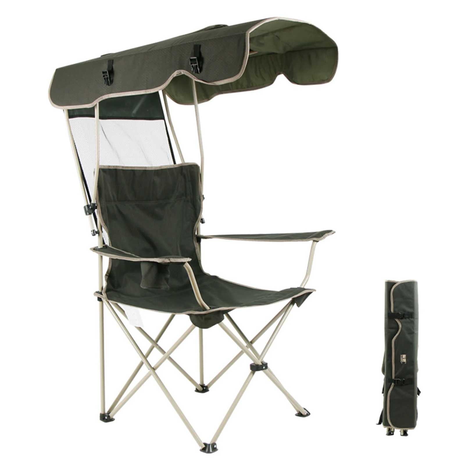 Portable folding chair with covered sunshade beach chair camping chair lawn chair outdoor activity anti slip foot padW241111