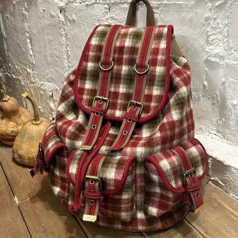 Korea Fashion Retro Red Plaid Cute Coarse Fleece Womens Bag Autumn Winter Christmas Year Y2k Large Capacity Drawstring School Bag 241111