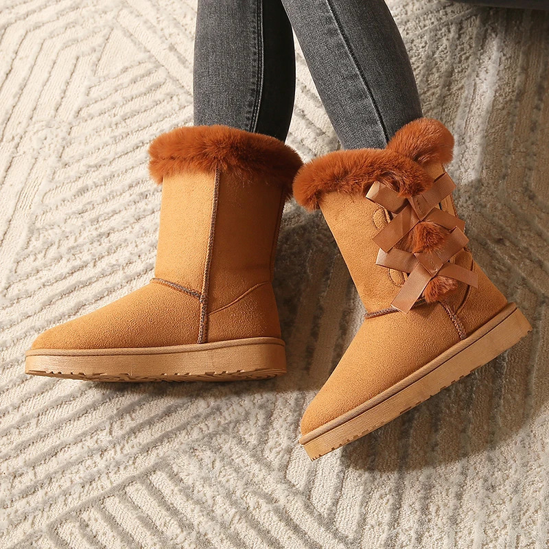 Women Flock Fluffy Suede Snow Boots Cute Butterfly Round Toe Warm Boots Autumn Winter Thick Sole Platform Cotton Shoes 241112