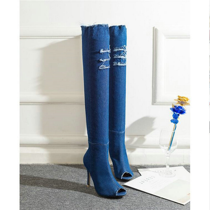 Women Autumn High Heels thigh high boots Female Shoes Hot Over The Knee Peep Toe Cowboy Boots Denim shoes 2023 6784