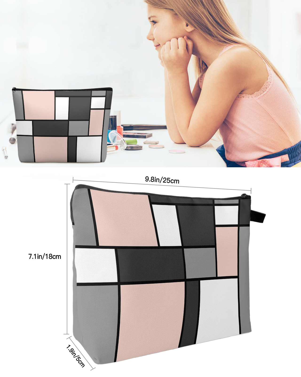 Geometric Figures Blush Pink Abstract Cosmetic Bag Portable Makeup Pouch Women Waterproof Bathroom Multifunctional Washbag 626b1