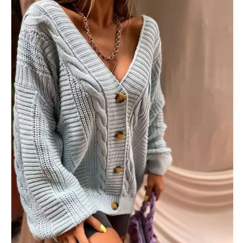 Lantern sleeve knitted cardigan women's 2024 autumn new loose V-neck sexy sweater jacket