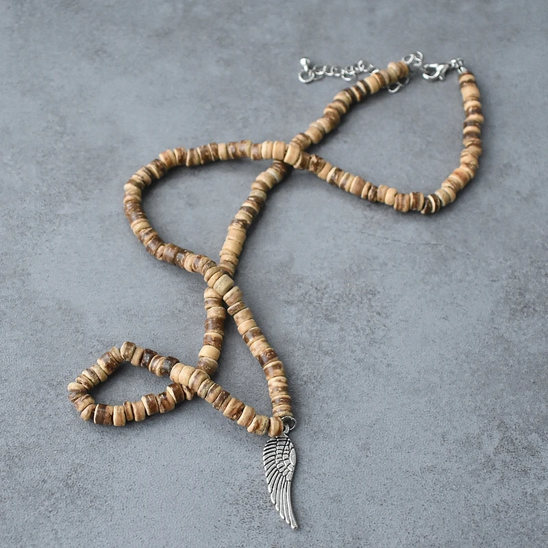 Vintage Bohemia Surfer Feather Wing Pendant Necklace for Men Simple Tribal Ethnic Coconut Shell Beaded Necklace Men Jewelry