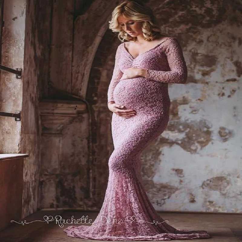 Maternity Dresses Women Ruched Floral Lace Maternity Photography Prop Long Sleeve Maxi Dress Fancy Wedding Pregnancy Gown Baby Shower Photoshoot 24412
