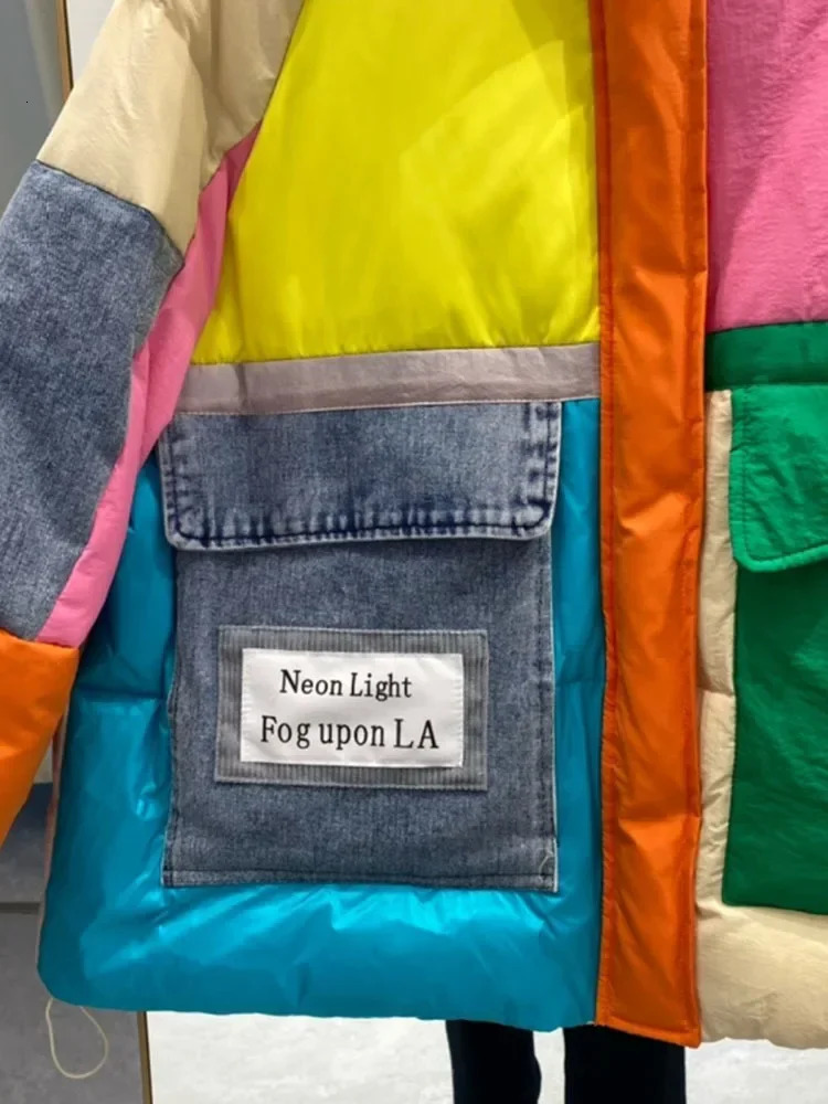 Large denim spliced down jacket for women with large pockets winter jacket with zipper splicing work cushioning jacket high-quality windproof and thic