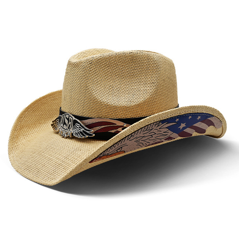 Retro USA Printing Leather Band Women Men Hard Straw Riding Wide Brim Outdoor Beach Cowboy Cowgirl Western Sun Hat Sunscreen 7bfc0