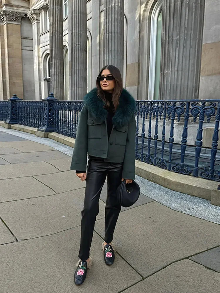 Green autumn winter bomber jacket womens retro faux fur collar short jacket single chest loose warm jacket 241112