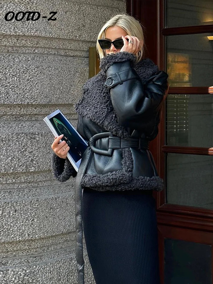 Pu leather womens jacket patch work with stand collar solid womens coat autumn winter high street thick womens coat 241112