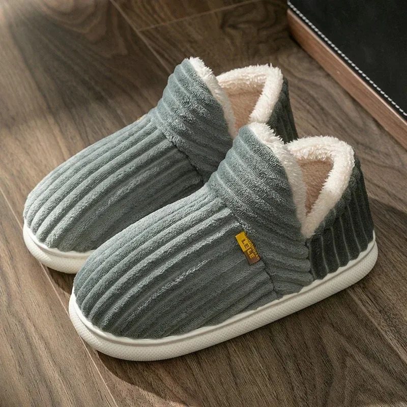 Winter Couple Style Concise Stripes Wrap Heels Plush Slippers Ladies Non-slip Soft Warm Flip Flops Men Home Casual Cotton Shoes 241112
