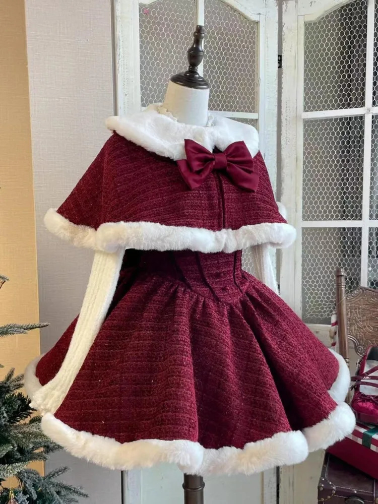 Christmas and Year 3-piece Sweet Lolita Style Dress Set for Womens Elegant and Unique Bow Plush Shawl Short Jacket Mini Skirt Set 241112