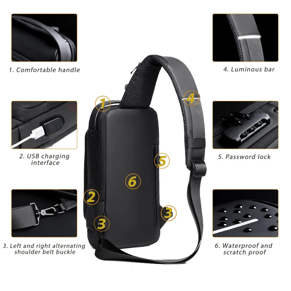 USB Charging Sport Sling Bag Male Antitheft Chest with Password Lock 241111