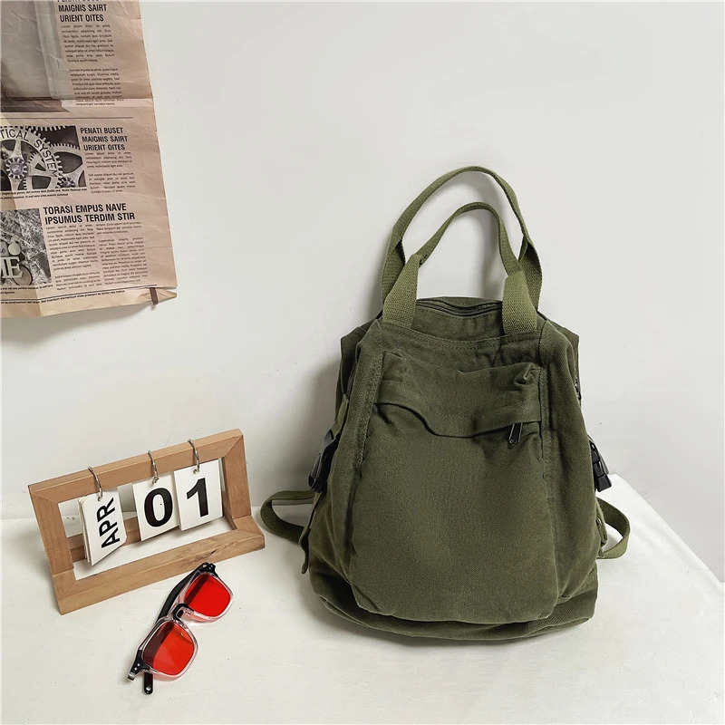 Womens medium-sized canvas textile backpack retro Korean style Y2K aesthetic expression school travel convertible bag Knapsack 241111